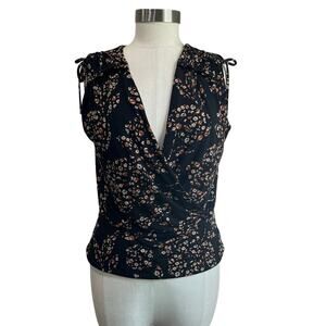 WHBM Black Floral Faux Wrap Blouse Sleeveless Adjustable Tie Top Size S